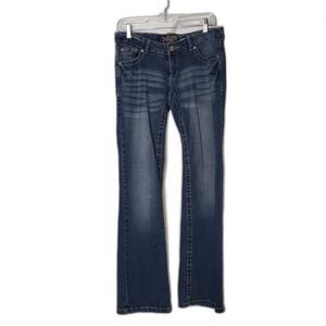Reign Jeans Womens 7 Blue Stretch Bootcut Denim Embroidered Pockets Mid Rise